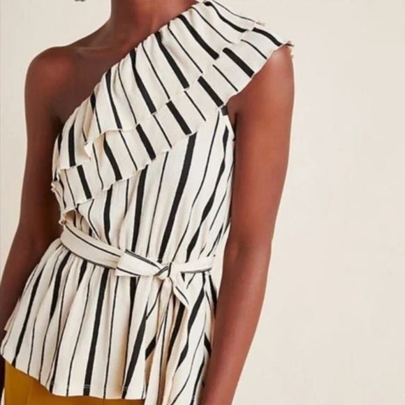 Maeve for Anthropologie Striped Ruffle Tie Waist One Shoulder Top - Picture 3 of 8
